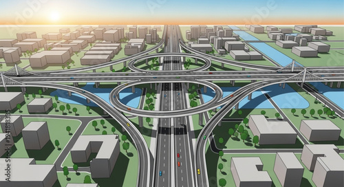 Aerial View of a Complex Highway Interchange in a Modern City.