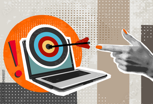 Retro Halftone Collage. Laptop with arrow on target circle. Target bullseye or arrow on target. The online business grows according to the goals set. Business market concept. Modern photo collage	