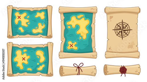 Cartoon Pirate Treasure Map Set with Parchment Scrolls and Nautical Compass