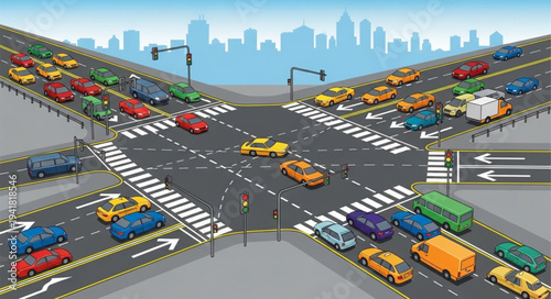 Busy City Intersection with Heavy Traffic and Pedestrian Crossings.