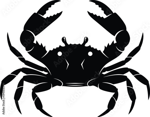 Black Crab Silhouette with Raised Claws on White Background Ocean Life