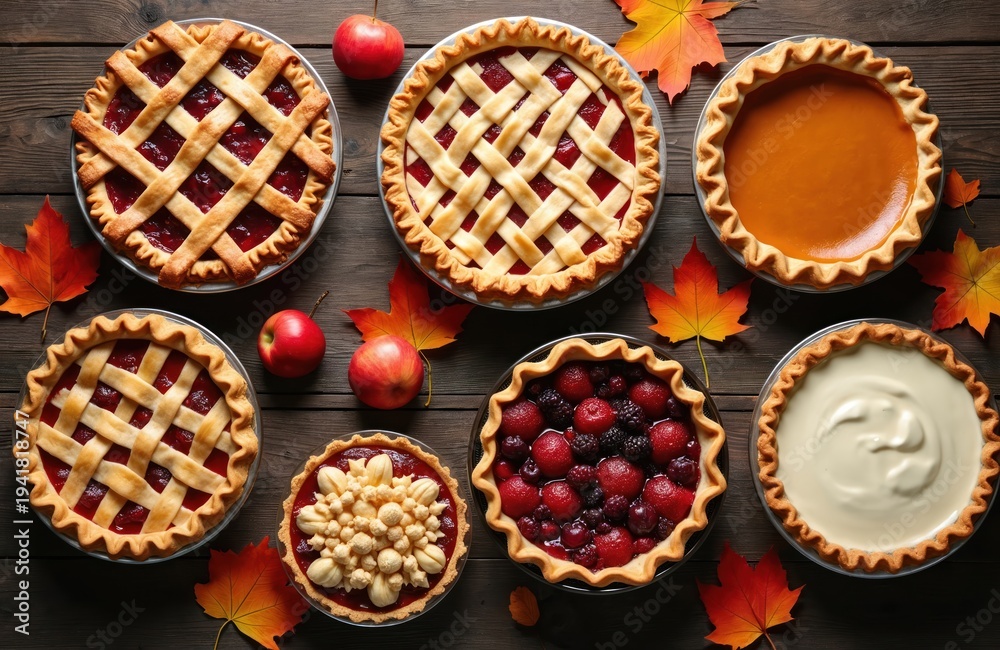 Fototapeta premium Assortment of fall pies with fruit, cream fillings arranged on dark wood table. Apples, autumn leaves decorate scene, ready for Thanksgiving feast. Homemade pies look delicious, inviting for holiday