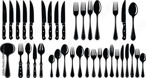 Collection of cutlery silhouettes with knives, forks, spoons, ladle, diverse utensil designs for dining, kitchenware, restaurant, cooking, culinary illustration