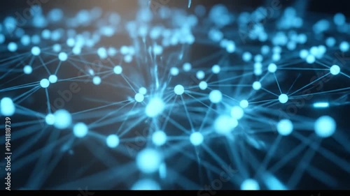 Abstract network connection background with glowing blue dots and lines, representing data flow and digital communication.