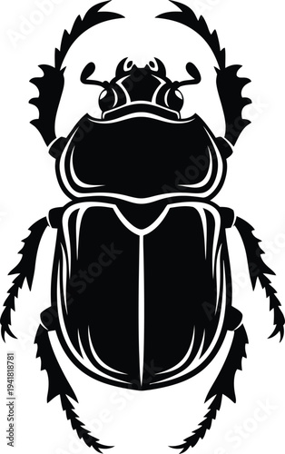 Black Silhouette of a Scarab Beetle Insect with Detailed Legs and Head on White Background