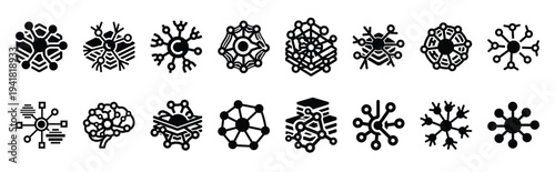neural network technology web icon set in silhouette style.