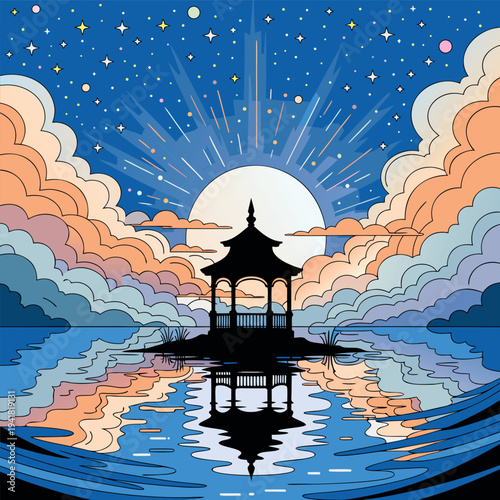 A minimalist vector illustration of a lakeside gazebo at night, with a bright full moon, starry sky, mountains, flowing clouds, and blue water reflecting the pavilion and moonlight in a calm landscape