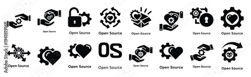 open source technology web icon set in silhouette style.