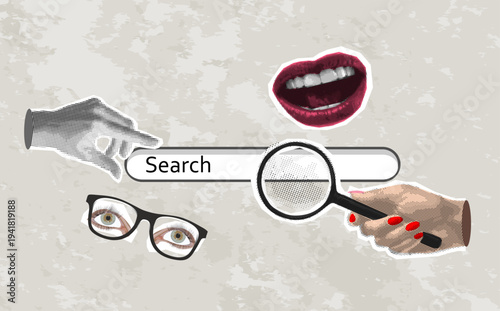 Human hand with magnifying glass in dotted pop art style. Retro halftone search bar with collage element eyes, lips, mouth. Vector illustration for mixed media design.
