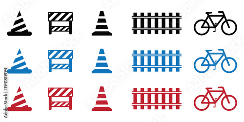Set of road traffic warning signs and bicycle icons in flat design vector illustration isolated on white background
