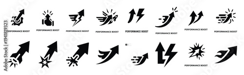 performance boost technology web icon set in silhouette style.