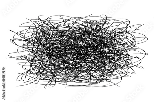 Dense chaotic scribble drawing isolated on white background representing anxiety, confusion and tangled thoughts.