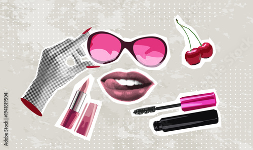 Trendy Halftone Collage Hands with glasses and delicate lips with collage element lipstick, mascara. The concept of beauty and fashion.