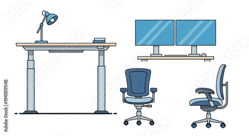 Office Setup with Adjustable Desk Dual Monitors and Ergonomic Chairs.