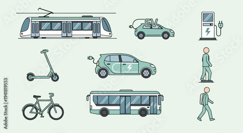 Collection of Modern Electric Transportation Vehicles and People.