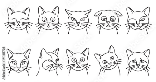 Minimalist cat face line art set featuring diverse feline expressions and emotional pet portraits for branding on a transparent background