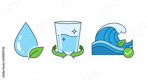 Water conservation and purity icon set with droplet glass and wave.