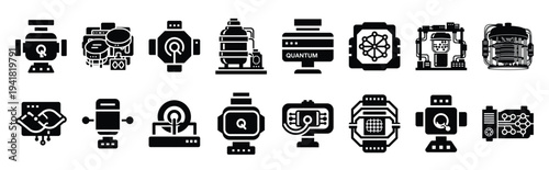 quantum computer technology web icon set in silhouette style.