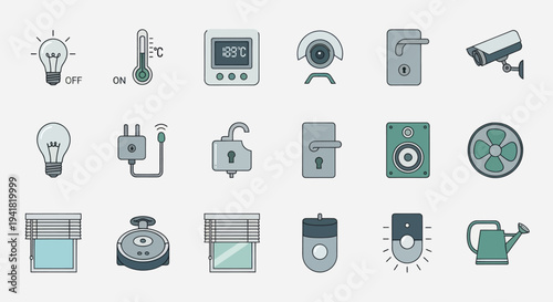 Smart Home Automation Icons: Lightbulb Thermostat Security Camera Lock and More.