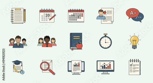 Collection of Educational and Business Icons Representing Learning and Productivity.