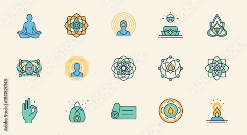 Collection of Colorful Yoga and Meditation Icons Symbols and Designs.