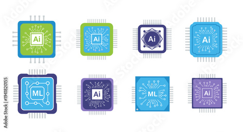 Colorful AI and ML Processor Chips with Circuit Board Designs.