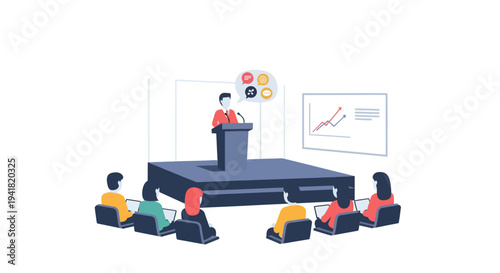 Public speaker at a podium on stage presenting to an audience during a business conference or seminar.