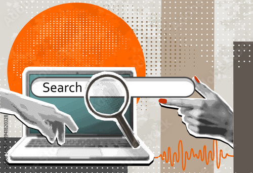 Laptop, Human hand with magnifying glass in dotted pop art style. Retro halftone search bar with collage. Vector illustration for mixed media design.