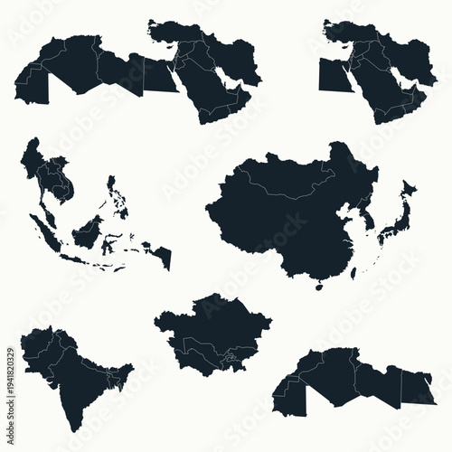Political map subregions of the Asian continent. Central, East, North, South, Southeast and Western Asia.