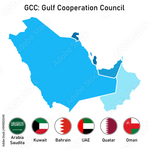Map of the Gulf Cooperation Council (GCC) members.