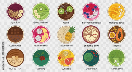 Assortment of Colorful Smoothie Bowls with Various Fresh Fruits.