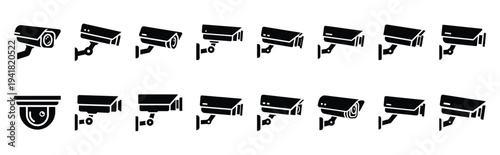 security camera technology web icon set in silhouette style.