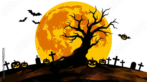 Halloween Spooky Landscape with Full Moon, Jack O Lanterns, Bats and Dead Tree in Graveyard Silhouette, Isolated on White Background