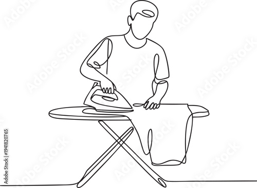 Continuous line drawing of man ironing clothes on ironing board, simple domestic task