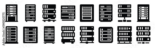 server rack technology web icon set in silhouette style.
