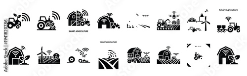 smart agriculture technology web icon set in silhouette style.