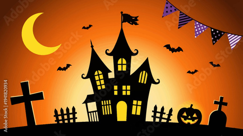 Spooky Halloween Illustration with Haunted House Silhouette, Crescent Moon, Bats, and Cemetery on Orange Gradient Background
