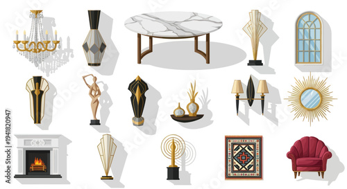 Collection of elegant home decor items and furniture.