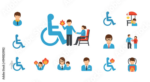 Collection of Colorful Flat Icons Representing Disability and Support.