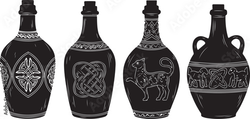 An isolated row of antique wine bottles and vintage pottery vases features ancient clay jugs and brown glass containers for old-fashioned drinks and home decoration