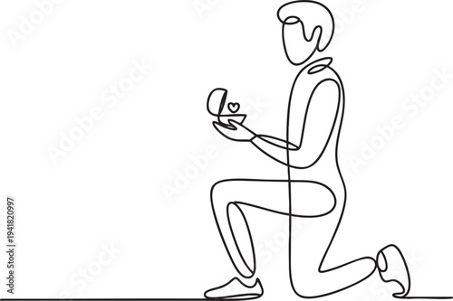 Continuous line drawing of man proposing marriage with ring