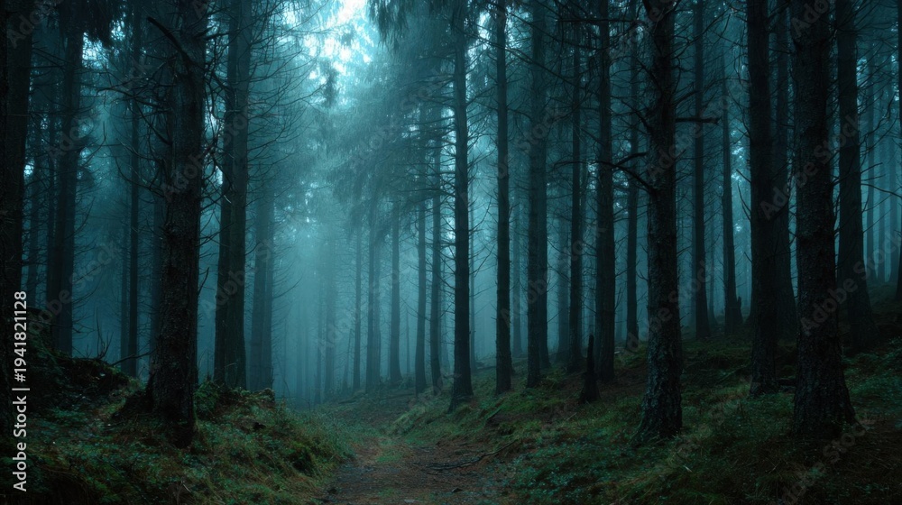 Fototapeta premium Misty Forest Path with Tall Trees and Ethereal Light.