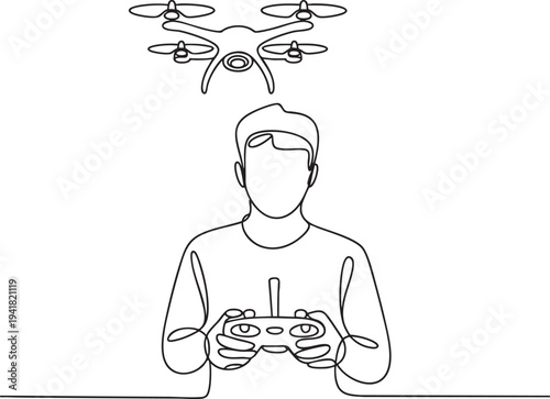 Continuous line drawing of man with remote control flying drone in the sky