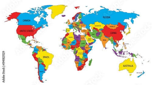 Colorful World Map Illustration with Country Names and Labeled Borders on White Background for Education and Travel