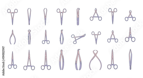 Collection of various metallic surgical instruments including forceps clamps and scissors for medical procedures.