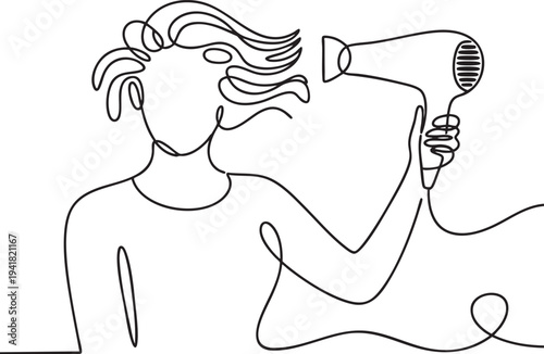continuous line drawing of woman drying her hair with hair dryer vector illustration