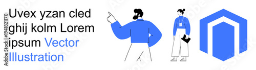 Business strategy, teamwork, corporate communication, branding, digital services, professional collaboration. Two characters stand near a tech-inspired emblem. Teamwork and business strategy