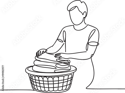 One continuous line art drawing of man folding clean clothes in laundry basket