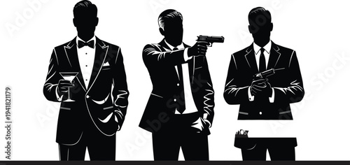 Gangster mafia men silhouette illustration with gun money drink, organized crime concept, black white vector art, mobster style criminal underworld scene