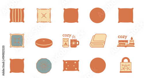 A collection of flat design icons featuring cozy home items like pillows blankets and a warm drink.